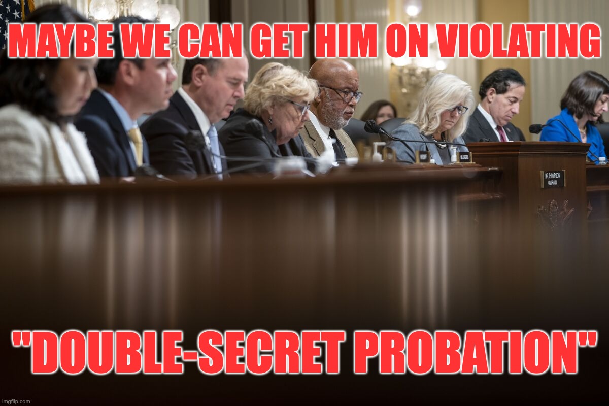 Running Out of Reasons | MAYBE WE CAN GET HIM ON VIOLATING; "DOUBLE-SECRET PROBATION" | image tagged in aanimal house,double-secret probation,january 6th | made w/ Imgflip meme maker