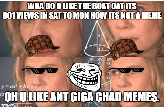 Why. | WHA DO U LIKE THE BOAT CAT ITS 801 VIEWS IN SAT TO MON HOW ITS NOT A MEME; OH U LIKE ANT GIGA CHAD MEMES. | image tagged in math lady/confused lady | made w/ Imgflip meme maker