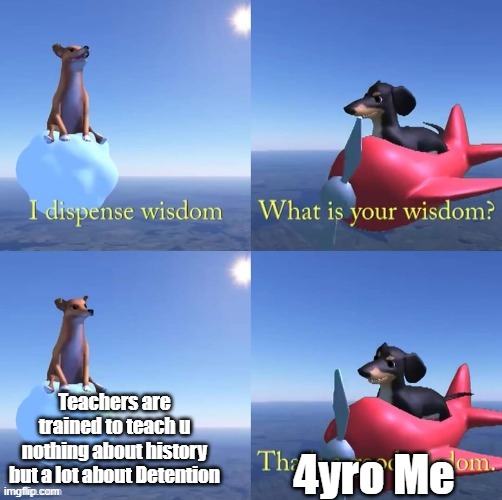 I now know every way to get detention | Teachers are trained to teach u nothing about history but a lot about Detention; 4yro Me | image tagged in wisdom dog | made w/ Imgflip meme maker
