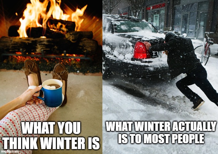 Winter reality |  WHAT WINTER ACTUALLY IS TO MOST PEOPLE; WHAT YOU THINK WINTER IS | image tagged in winter,cold,hate winter,reality,what you think,freezing | made w/ Imgflip meme maker