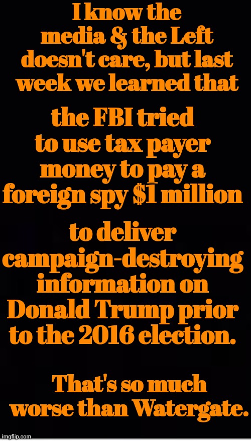 So Much Worse Than Watergate | I know the media & the Left doesn't care, but last week we learned that; the FBI tried to use tax payer money to pay a foreign spy $1 million; to deliver campaign-destroying information on Donald Trump prior to the 2016 election. That's so much worse than Watergate. | image tagged in corrupt,fbi | made w/ Imgflip meme maker
