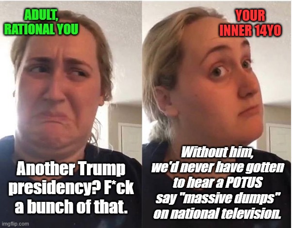 hmmm | YOUR INNER 14YO; ADULT, RATIONAL YOU; Without him, we'd never have gotten to hear a POTUS say "massive dumps" on national television. Another Trump presidency? F*ck a bunch of that. | image tagged in hmmm | made w/ Imgflip meme maker