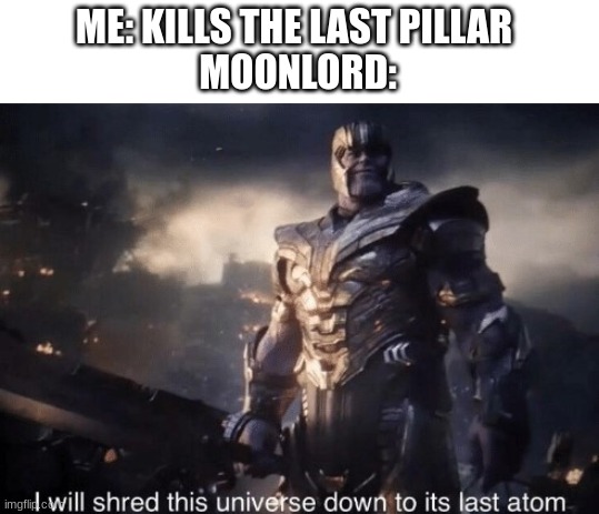 I will shred this universe down to its last atom | ME: KILLS THE LAST PILLAR 
MOONLORD: | image tagged in i will shred this universe down to its last atom | made w/ Imgflip meme maker