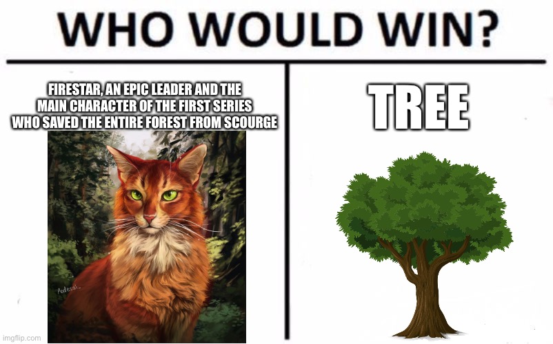 Who WOULD win!? | FIRESTAR, AN EPIC LEADER AND THE MAIN CHARACTER OF THE FIRST SERIES WHO SAVED THE ENTIRE FOREST FROM SCOURGE; TREE | image tagged in memes,who would win,firestar,firestar vs,firestar vs tree | made w/ Imgflip meme maker