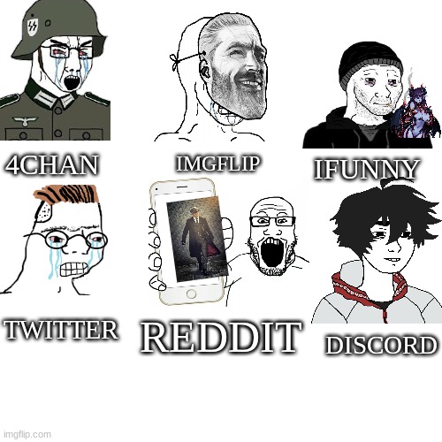 internet be like: | IFUNNY; 4CHAN; IMGFLIP; TWITTER; DISCORD; REDDIT | image tagged in memes,blank transparent square,funny,wojak | made w/ Imgflip meme maker