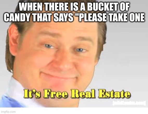 funny fun | WHEN THERE IS A BUCKET OF CANDY THAT SAYS "PLEASE TAKE ONE | image tagged in it's free real estate | made w/ Imgflip meme maker