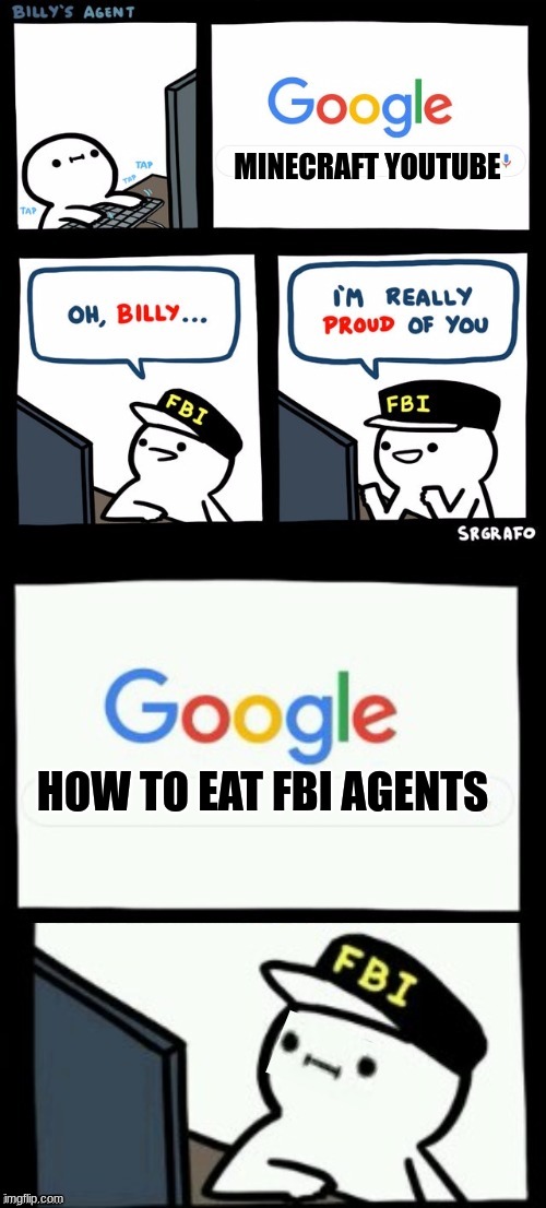 sus | MINECRAFT YOUTUBE; HOW TO EAT FBI AGENTS | image tagged in billy's agent is sceard,sus | made w/ Imgflip meme maker