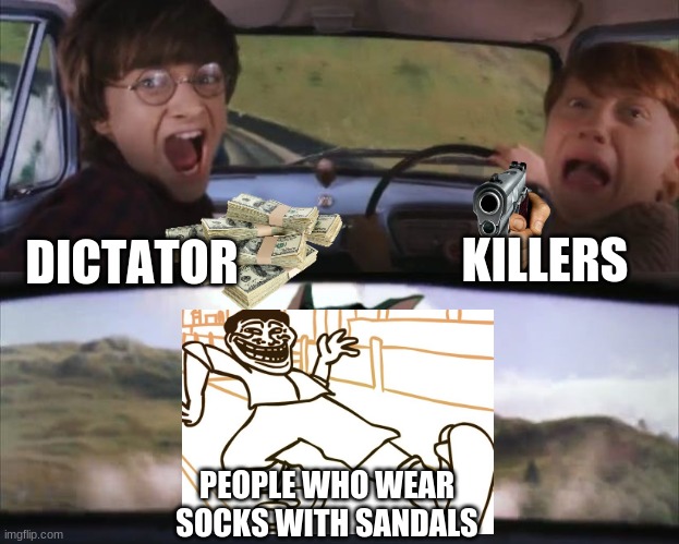 Socks with sandals | KILLERS; DICTATOR; PEOPLE WHO WEAR SOCKS WITH SANDALS | image tagged in tom chasing harry and ron weasly,socks and sandals,trollface,memes,dictator,killer | made w/ Imgflip meme maker