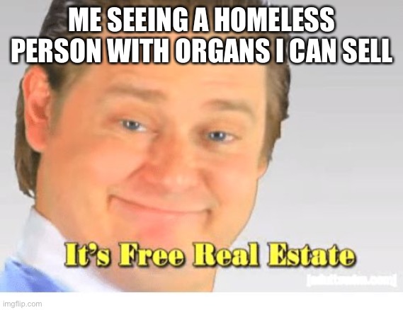 memes of real estate | ME SEEING A HOMELESS PERSON WITH ORGANS I CAN SELL | image tagged in it's free real estate,true | made w/ Imgflip meme maker