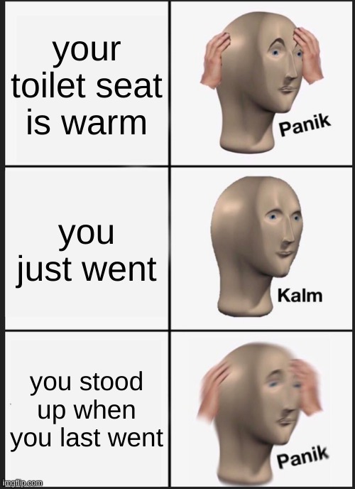 Panik Kalm Panik | your toilet seat is warm; you just went; you stood up when you last went | image tagged in memes,panik kalm panik | made w/ Imgflip meme maker