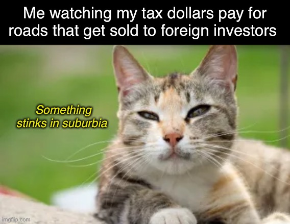 Me watching my tax dollars pay for roads that get sold to foreign investors Something stinks in suburbia | made w/ Imgflip meme maker