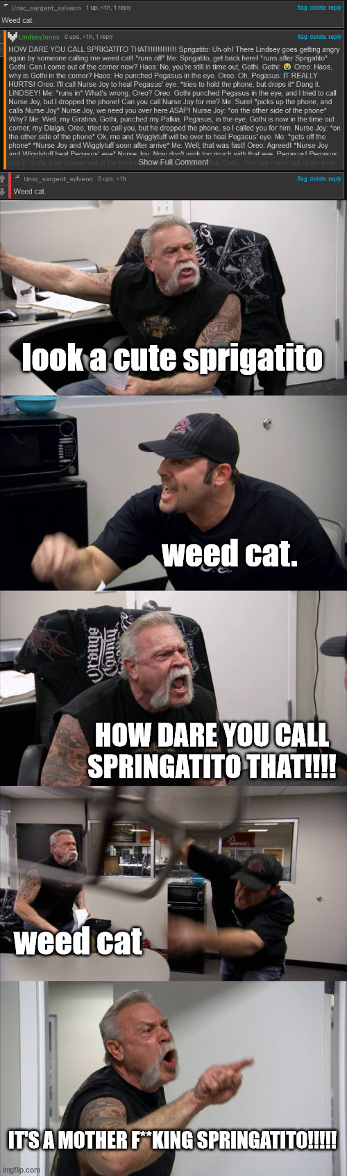 sylveon and lindesy be like | look a cute sprigatito; weed cat. HOW DARE YOU CALL SPRINGATITO THAT!!!! weed cat; IT'S A MOTHER F**KING SPRINGATITO!!!!! | image tagged in memes,american chopper argument | made w/ Imgflip meme maker