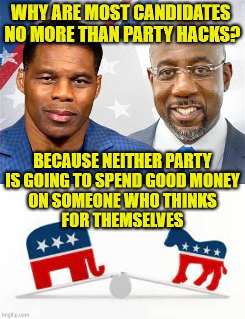 They Spent Good Money |  WHY ARE MOST CANDIDATES 
NO MORE THAN PARTY HACKS? BECAUSE NEITHER PARTY
IS GOING TO SPEND GOOD MONEY
ON SOMEONE WHO THINKS
FOR THEMSELVES | image tagged in parties | made w/ Imgflip meme maker