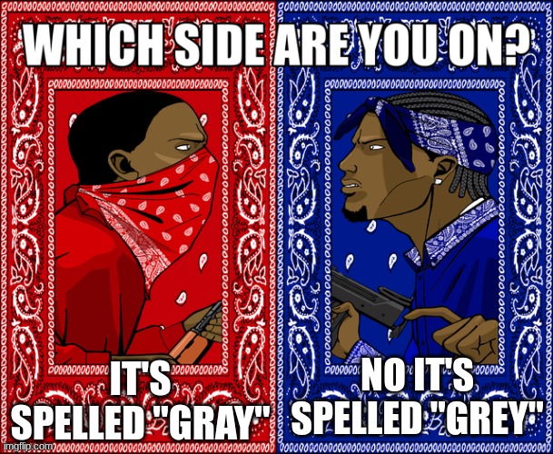 Idk how to spell it either | IT'S SPELLED "GRAY"; NO IT'S SPELLED "GREY" | image tagged in which side are you on,memes | made w/ Imgflip meme maker