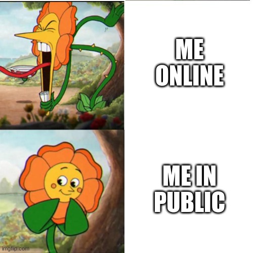 Cuphead Flower | ME ONLINE; ME IN PUBLIC | image tagged in cuphead flower | made w/ Imgflip meme maker