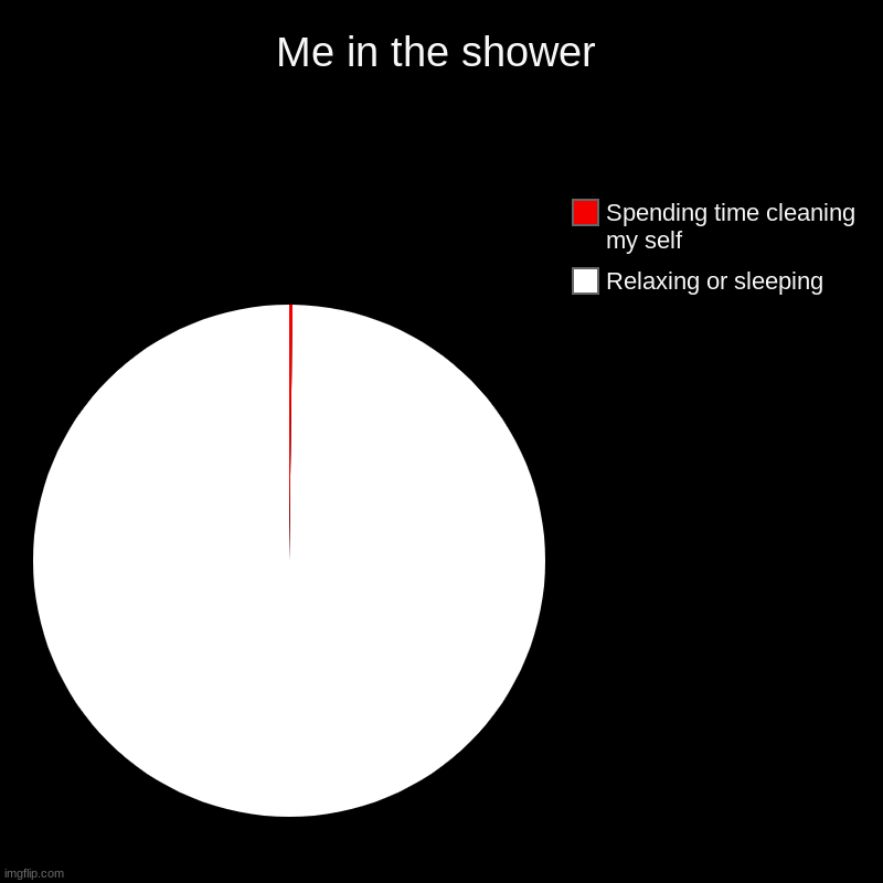 Me in the shower | Me in the shower | Relaxing or sleeping, Spending time cleaning my self | image tagged in charts,pie charts | made w/ Imgflip chart maker