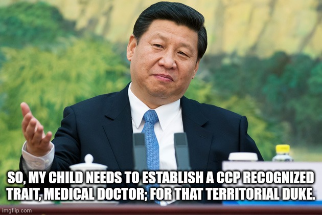 Mao wasn't always chair of the CCP. | SO, MY CHILD NEEDS TO ESTABLISH A CCP RECOGNIZED TRAIT, MEDICAL DOCTOR; FOR THAT TERRITORIAL DUKE. | image tagged in xi jinping,new boats | made w/ Imgflip meme maker