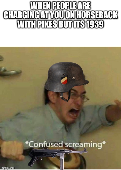 confused screaming | WHEN PEOPLE ARE CHARGING AT YOU ON HORSEBACK WITH PIKES BUT ITS 1939 | image tagged in confused screaming | made w/ Imgflip meme maker