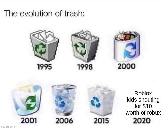 clever title | Roblox kids shouting for $10 worth of robux | image tagged in the evolution of trash,deez | made w/ Imgflip meme maker