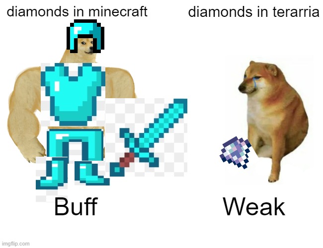 Minecraft diamonds are better | diamonds in minecraft; diamonds in terarria; Buff; Weak | image tagged in memes,buff doge vs cheems | made w/ Imgflip meme maker