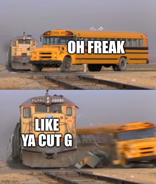 A train hitting a school bus | OH FREAK; LIKE YA CUT G | image tagged in a train hitting a school bus | made w/ Imgflip meme maker