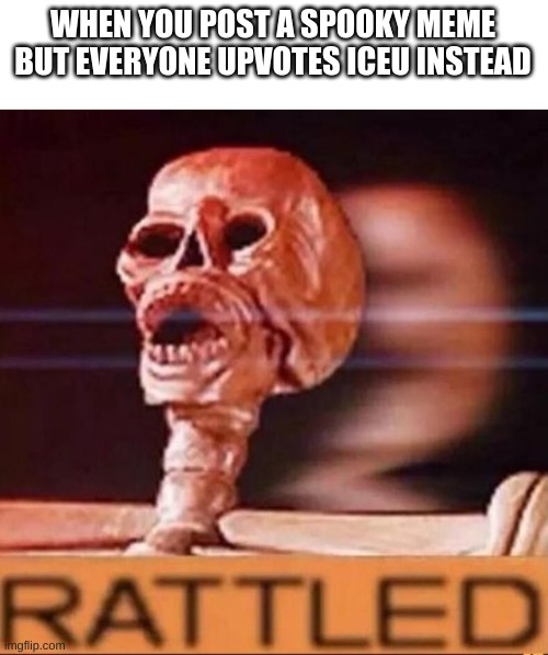 bruh. |  WHEN YOU POST A SPOOKY MEME BUT EVERYONE UPVOTES ICEU INSTEAD | image tagged in rattled | made w/ Imgflip meme maker