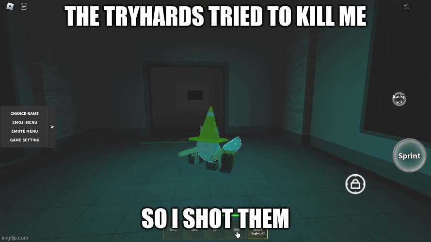 New temp! (I added the text, it's a blank temp.) | THE TRYHARDS TRIED TO KILL ME; SO I SHOT THEM | image tagged in slimepup with guns | made w/ Imgflip meme maker