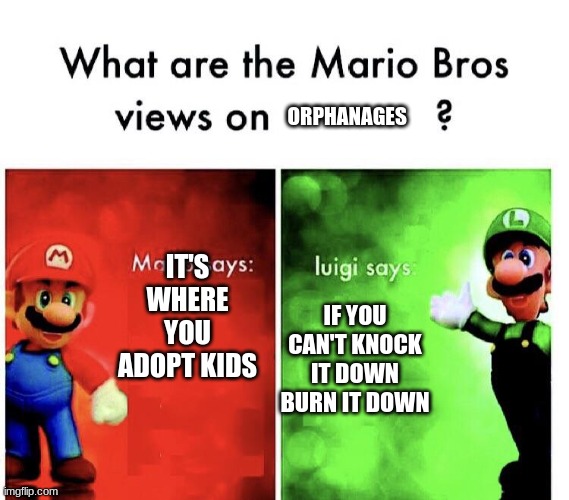 mario | ORPHANAGES; IT'S WHERE YOU ADOPT KIDS; IF YOU CAN'T KNOCK IT DOWN BURN IT DOWN | image tagged in what are the mario bros views on | made w/ Imgflip meme maker