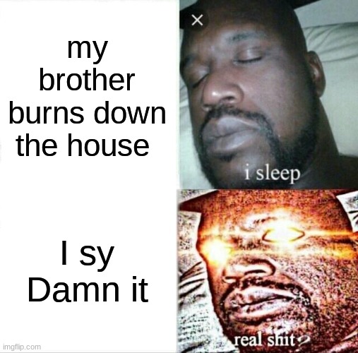 Sleeping Shaq Meme | my brother burns down the house; I sy Damn it | image tagged in memes,sleeping shaq | made w/ Imgflip meme maker