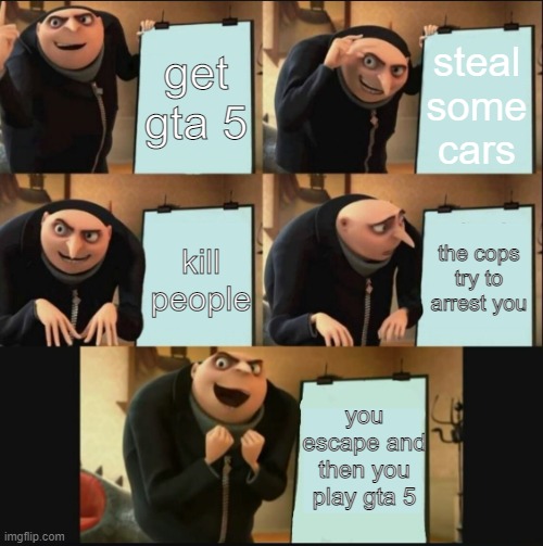 5 panel gru meme | get gta 5; steal some cars; the cops try to arrest you; kill people; you escape and then you play gta 5 | image tagged in 5 panel gru meme | made w/ Imgflip meme maker