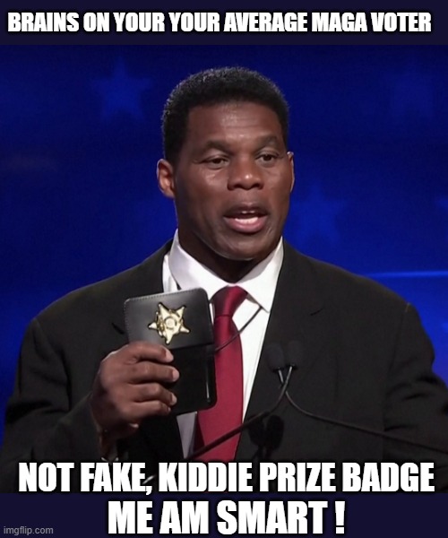 Georgia is voting for THIS guy ??? | BRAINS ON YOUR YOUR AVERAGE MAGA VOTER; NOT FAKE, KIDDIE PRIZE BADGE; ME AM SMART ! | image tagged in maga,brainless,walker,liar,deadbeat,georgia | made w/ Imgflip meme maker
