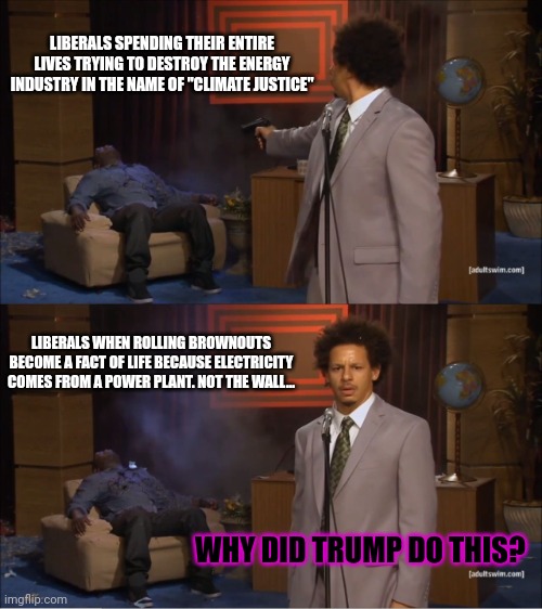 Californians trying to grasp the concepts of cause and effect | LIBERALS SPENDING THEIR ENTIRE LIVES TRYING TO DESTROY THE ENERGY INDUSTRY IN THE NAME OF "CLIMATE JUSTICE"; LIBERALS WHEN ROLLING BROWNOUTS BECOME A FACT OF LIFE BECAUSE ELECTRICITY COMES FROM A POWER PLANT. NOT THE WALL... WHY DID TRUMP DO THIS? | image tagged in memes,who killed hannibal,liberal,problems | made w/ Imgflip meme maker