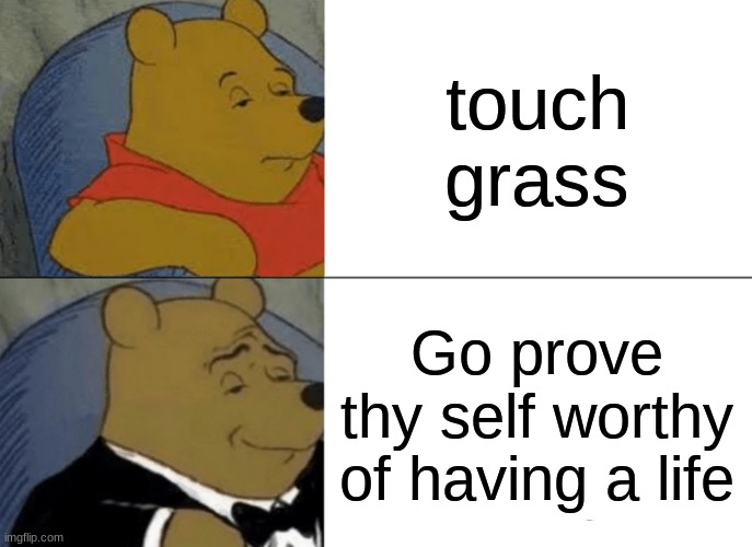 Image Title | touch grass; Go prove thy self worthy of having a life | image tagged in memes,tuxedo winnie the pooh | made w/ Imgflip meme maker