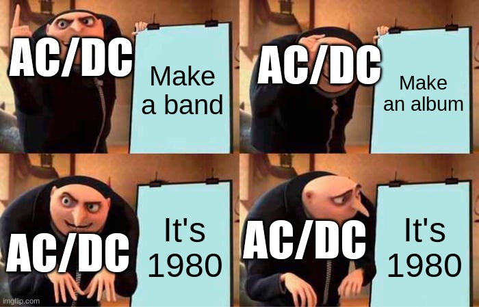 Gru's Plan | AC/DC; AC/DC; Make a band; Make an album; It's 1980; It's 1980; AC/DC; AC/DC | image tagged in memes,gru's plan | made w/ Imgflip meme maker