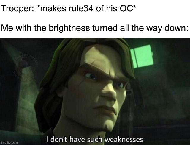 Easy solution | Trooper: *makes rule34 of his OC*
 
Me with the brightness turned all the way down: | image tagged in i don't have such weakness | made w/ Imgflip meme maker