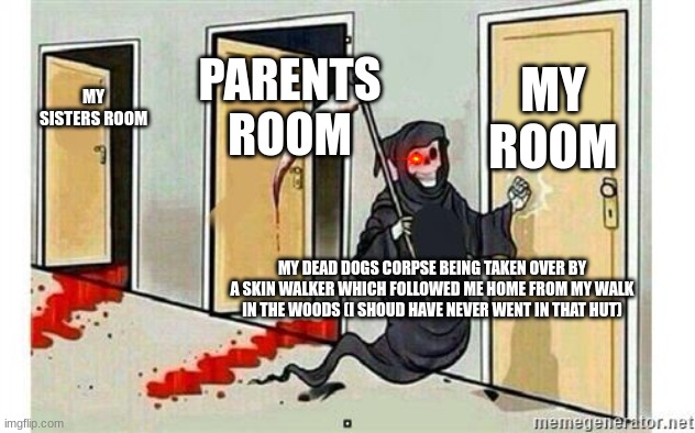 why me. | MY ROOM; PARENTS ROOM; MY SISTERS ROOM; MY DEAD DOGS CORPSE BEING TAKEN OVER BY A SKIN WALKER WHICH FOLLOWED ME HOME FROM MY WALK IN THE WOODS (I SHOUD HAVE NEVER WENT IN THAT HUT) | image tagged in grim reaper knocking door,i see dead people | made w/ Imgflip meme maker