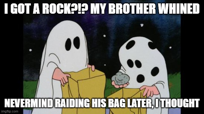Halloween grammar- quotation marks | I GOT A ROCK?!? MY BROTHER WHINED; NEVERMIND RAIDING HIS BAG LATER, I THOUGHT | image tagged in charlie brown halloween rock | made w/ Imgflip meme maker