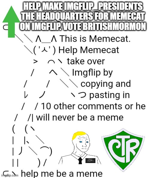 Nobody wants to hear what the opposition has to say anyway. Return I_P to its roots as a hub for meaningless spam campaigns | HELP MAKE IMGFLIP_PRESIDENTS THE HEADQUARTERS FOR MEMECAT ON IMGFLIP. VOTE BRITISHMORMON | image tagged in memecat,vote,britishmormon,choose,right,theory | made w/ Imgflip meme maker