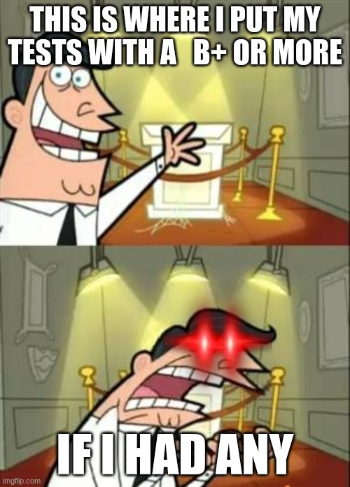 This Is Where I'd Put My Trophy If I Had One Meme | THIS IS WHERE I PUT MY TESTS WITH A   B+ OR MORE; IF I HAD ANY | image tagged in memes,this is where i'd put my trophy if i had one | made w/ Imgflip meme maker
