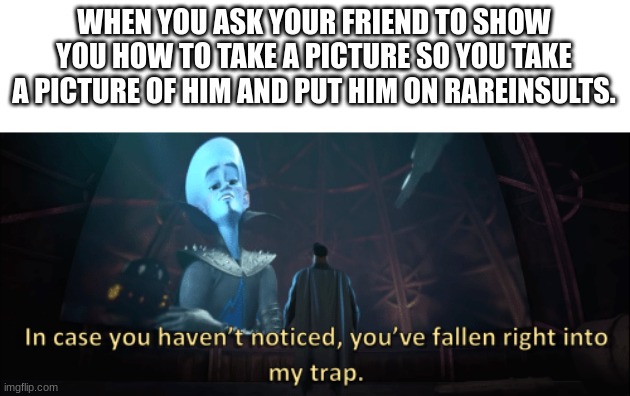 Megamind trap template | WHEN YOU ASK YOUR FRIEND TO SHOW YOU HOW TO TAKE A PICTURE SO YOU TAKE A PICTURE OF HIM AND PUT HIM ON RAREINSULTS. | image tagged in megamind trap template | made w/ Imgflip meme maker