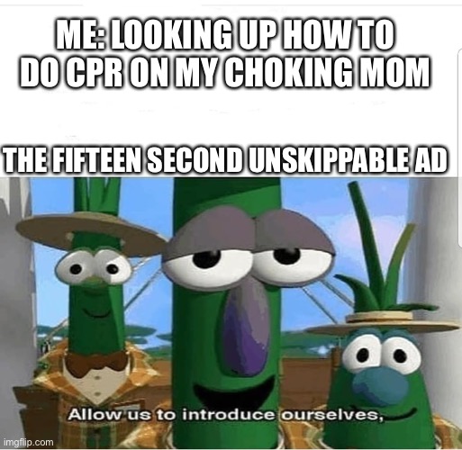Ad troller ? | ME: LOOKING UP HOW TO DO CPR ON MY CHOKING MOM; THE FIFTEEN SECOND UNSKIPPABLE AD | image tagged in allow us to introduce ourselves | made w/ Imgflip meme maker