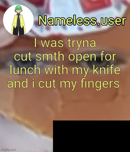 how are y'all | I was tryna cut smth open for lunch with my knife and i cut my fingers | image tagged in name | made w/ Imgflip meme maker