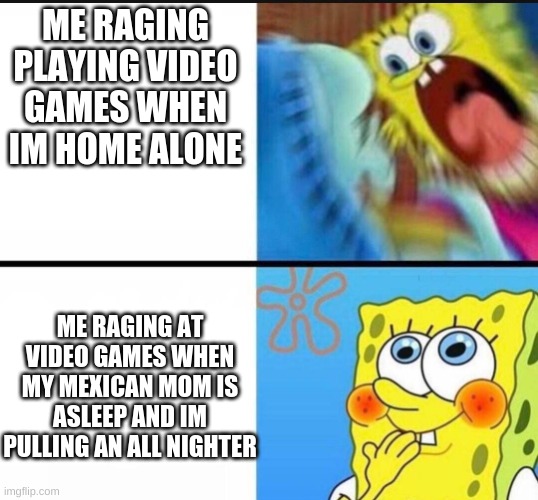 who else can relate? | ME RAGING PLAYING VIDEO GAMES WHEN IM HOME ALONE; ME RAGING AT VIDEO GAMES WHEN MY MEXICAN MOM IS ASLEEP AND IM PULLING AN ALL NIGHTER | image tagged in spongebob yelling | made w/ Imgflip meme maker