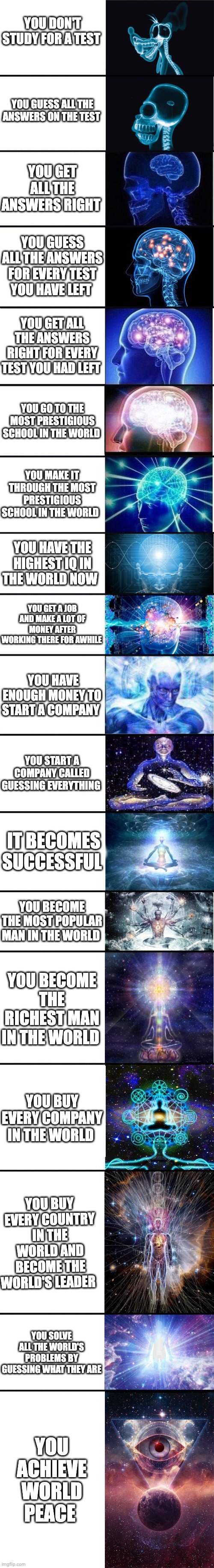 the luckiest man in the world | YOU DON'T STUDY FOR A TEST; YOU GUESS ALL THE ANSWERS ON THE TEST; YOU GET ALL THE ANSWERS RIGHT; YOU GUESS ALL THE ANSWERS FOR EVERY TEST YOU HAVE LEFT; YOU GET ALL THE ANSWERS RIGHT FOR EVERY TEST YOU HAD LEFT; YOU GO TO THE MOST PRESTIGIOUS SCHOOL IN THE WORLD; YOU MAKE IT THROUGH THE MOST PRESTIGIOUS SCHOOL IN THE WORLD; YOU HAVE THE HIGHEST IQ IN THE WORLD NOW; YOU GET A JOB AND MAKE A LOT OF MONEY AFTER WORKING THERE FOR AWHILE; YOU HAVE ENOUGH MONEY TO START A COMPANY; YOU START A COMPANY CALLED GUESSING EVERYTHING; IT BECOMES SUCCESSFUL; YOU BECOME THE MOST POPULAR MAN IN THE WORLD; YOU BECOME THE RICHEST MAN IN THE WORLD; YOU BUY EVERY COMPANY IN THE WORLD; YOU BUY EVERY COUNTRY IN THE WORLD AND BECOME THE WORLD'S LEADER; YOU SOLVE ALL THE WORLD'S PROBLEMS BY GUESSING WHAT THEY ARE; YOU ACHIEVE WORLD PEACE | image tagged in expanding brain 9001 | made w/ Imgflip meme maker