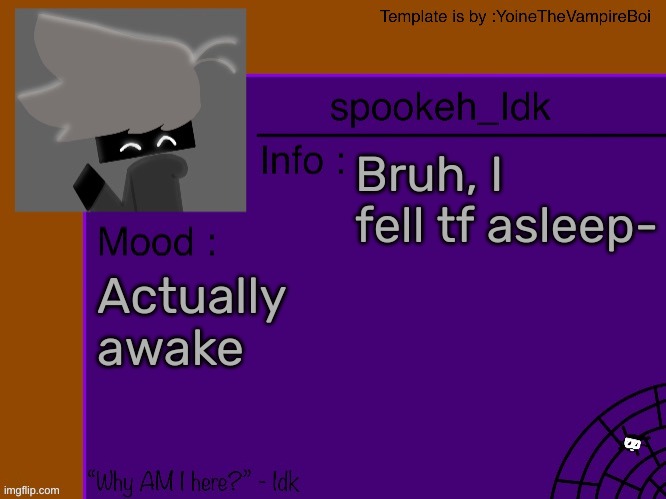 [Sorry about that...] | Bruh, I fell tf asleep-; Actually awake | image tagged in idk's spooky month announcement template thank you yoine-,idk,stuff,s o u p,carck | made w/ Imgflip meme maker