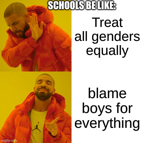 Drake Hotline Bling | SCHOOLS BE LIKE:; Treat all genders equally; blame boys for everything | image tagged in memes,drake hotline bling,school | made w/ Imgflip meme maker