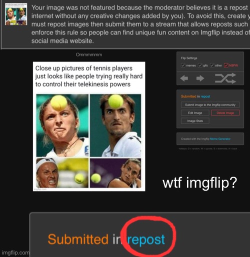 Imgflip be like: repost detected in the repost stream? NOT ON MY WATCH | wtf imgflip? | image tagged in memes,unfunny | made w/ Imgflip meme maker