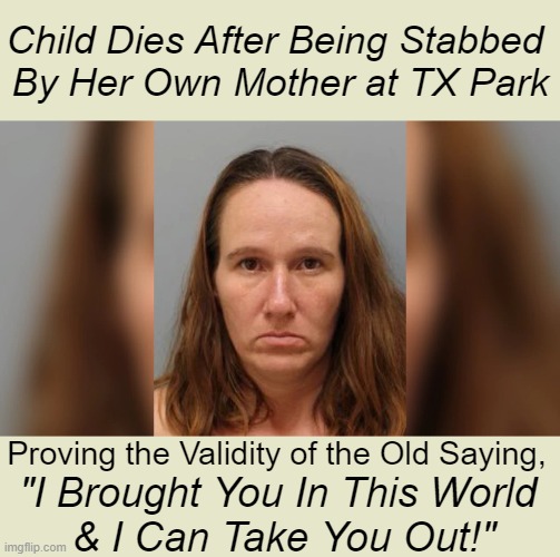 Mom Of The Year Believes "Actions Speak Louder Than Words" | Child Dies After Being Stabbed 

By Her Own Mother at TX Park; Proving the Validity of the Old Saying, "I Brought You In This World 
& I Can Take You Out!" | image tagged in dark humor,mom,actions speak louder than words,bad parenting,your mom,angry woman | made w/ Imgflip meme maker