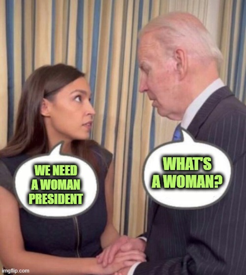 AOC and Joe | WE NEED A WOMAN PRESIDENT WHAT'S A WOMAN? | image tagged in aoc and joe | made w/ Imgflip meme maker