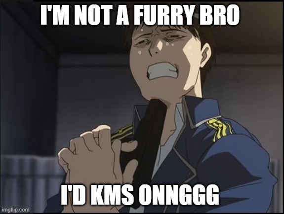 Roy Mustang attempted suicide | I'M NOT A FURRY BRO; I'D KMS ONNGGG | image tagged in roy mustang attempted suicide | made w/ Imgflip meme maker